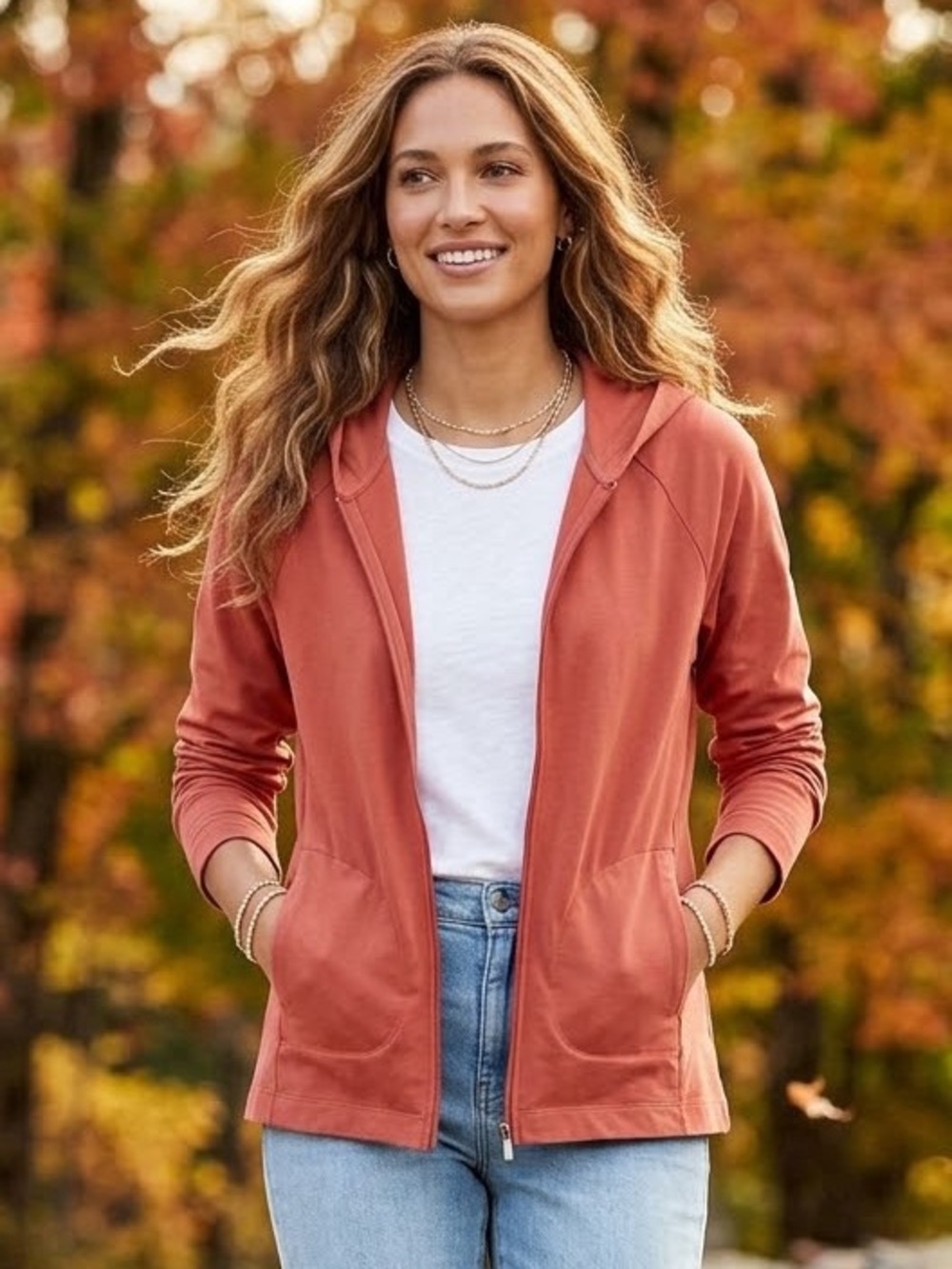 L.L. Bean Women’s Lightweight Coral Red Hooded Zip-Up Jacket